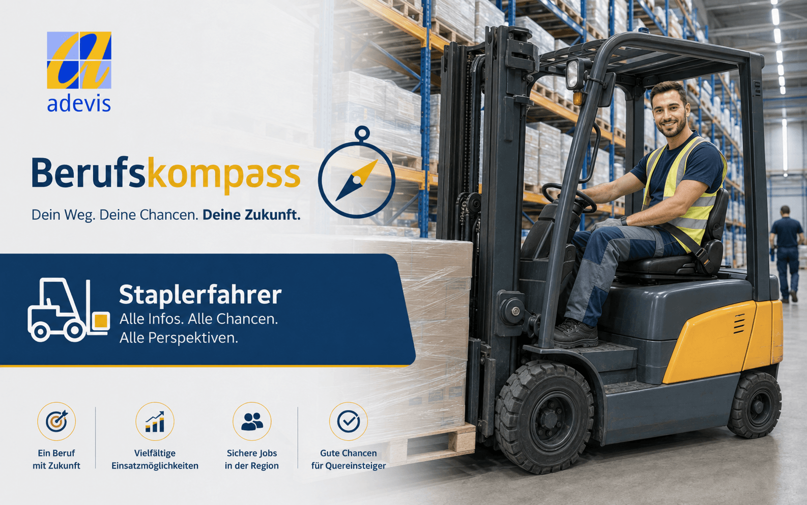 Staplerfahrer: Aufgaben und Arbeitsalltag Staplerfahrer Aufgaben lagert eine Palette in einem modernen Logistikzentrum ein